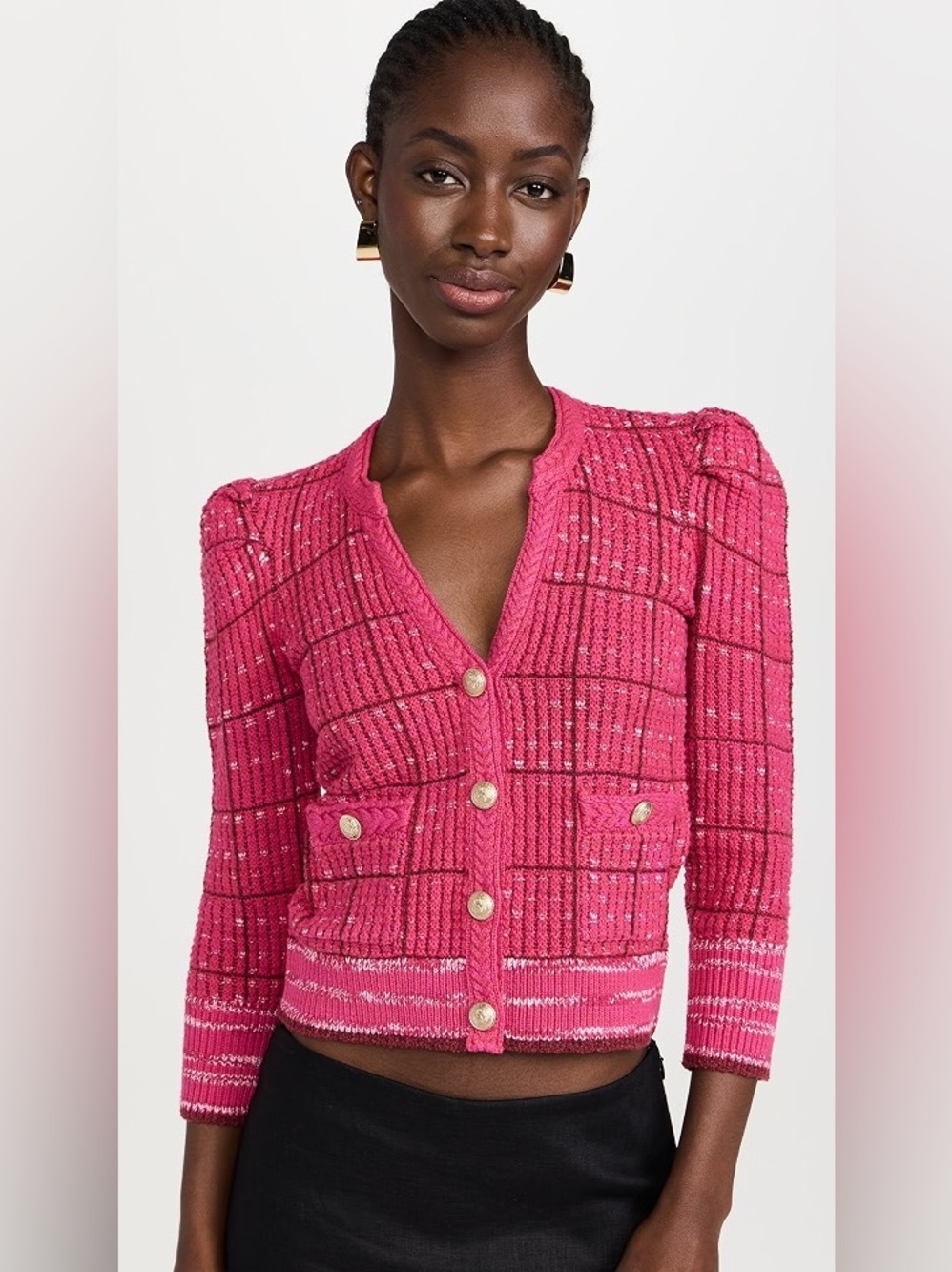 L'AGENCE Hot Pink Grid Knit Cardigan with Gold Buttons and Puff Shoulders